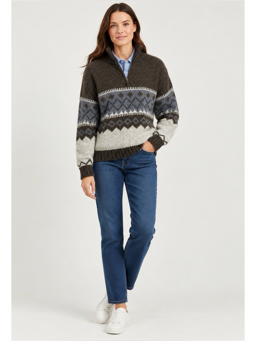 Men's Unisex Brown Fair Isle Mock Neck Ramie Blend  Thick Sweater Size: XLT